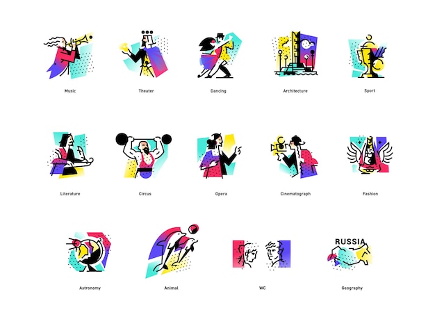 A set of icons on the theme of art forms