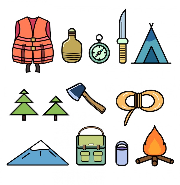 Set of icons on the theme of hiking