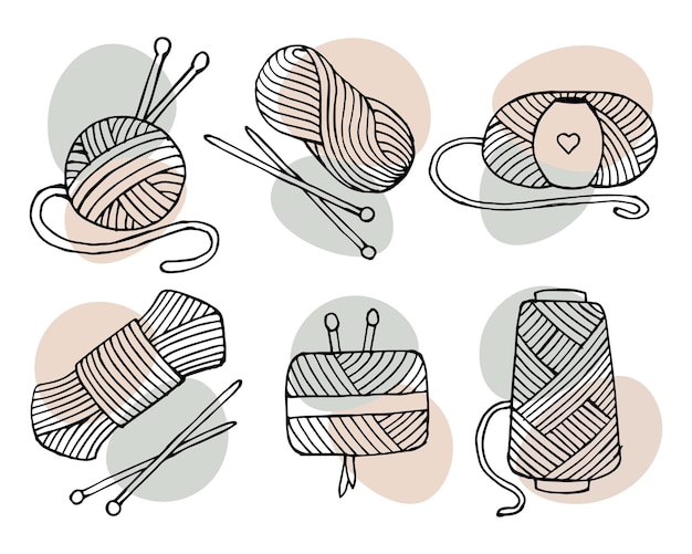 Набор иконок на тему Вязание нарисованных мотков клубков ниток и вязальных спиц