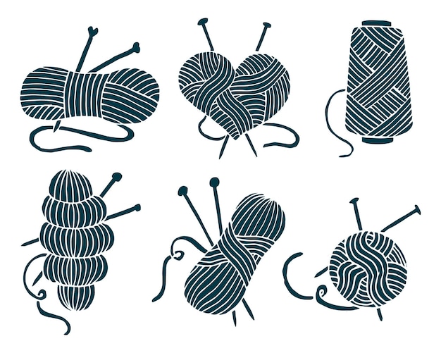 Set of icons on the theme of Knitting handdrawn skeins balls of thread and knitting needles