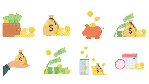 Vector set of icons on the theme of money accumulation of money business flat style