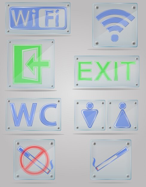 Metta le icone i segni trasparenti per i posti pubblici sull'illustrazione di vettore del piatto