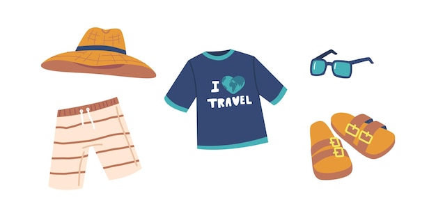 Set of Icons Traveler Items Backpack Swimming Shorts Sandals Tshirt Hat and Sunglasses Isolated on White Background Summer Time Vacation Objects Elements for Design Cartoon Vector Illustration