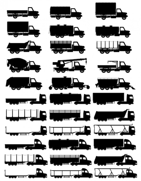 Metta l'illustrazione di vettore della siluetta del nero del rimorchio dei semi dei camion delle icone