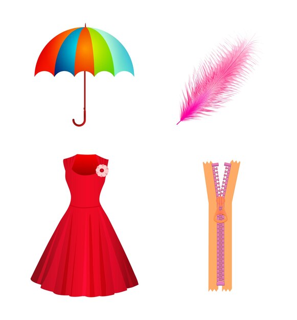 Set icons of umbrella, dress, quill, zipper isolated on white background. flat style.