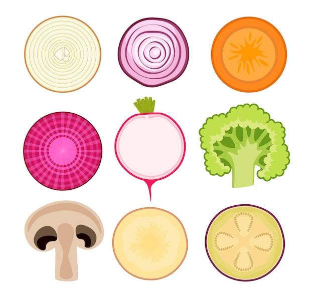 Set of icons vegetable slices pink and white onion rings, carrot, beetroot and radish. broccoli, champignon mushroom, potato and eggplant fresh sliced raw veggies. isolated cartoon vector illustration