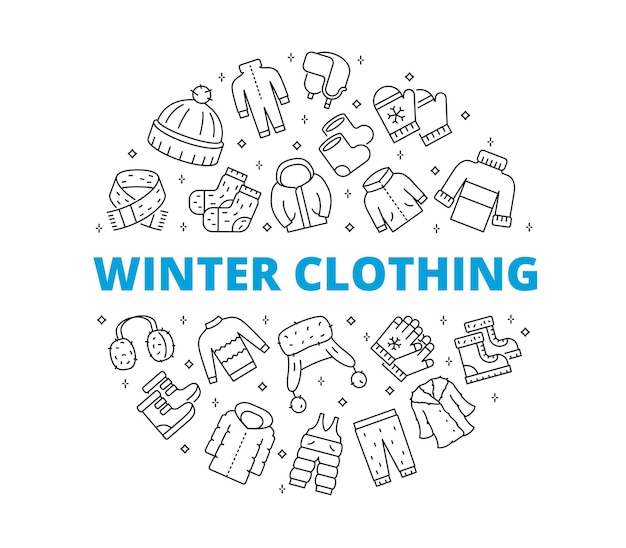 Set icons winter clothing circular composition contains such symbols as sweater boots scarf coat jacket and more