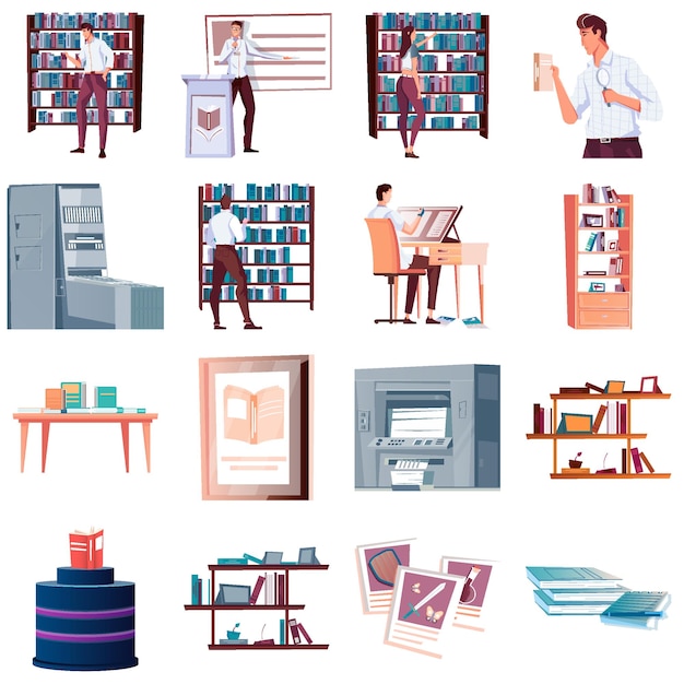 Vector set of icons with book shop presentation publishing house illustrator customer flat isolated vector illustration