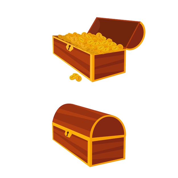 Set of icons with cartoon closed and opened brown wooden pirates chests with golden coins