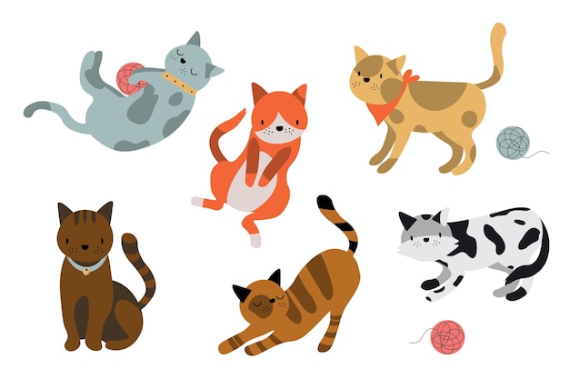 Vector set of icons with cats flat design vector variety breeds cats in different poses sitting standing stretching playing lying for veterinary clinic pet shop advertising collection of kittens eps