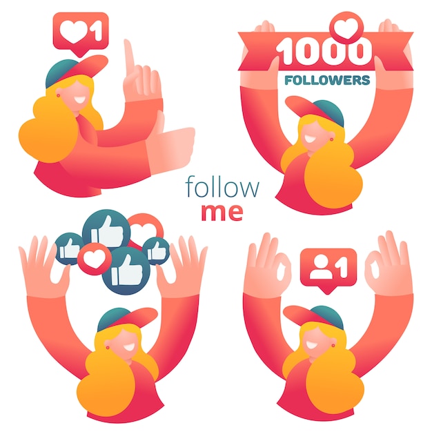 Set of icons with female blogger using social media to promote services and goods for followers online.