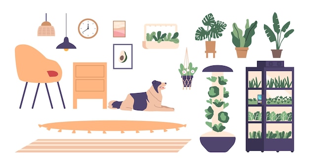 Set of Icons with Home Interiors Items and Equipment for Cultivation Fresh Greens and Herbs Indoors Shelf with Natural Light Potted Plants Dog Furniture and Carpets Cartoon Vector Illustration