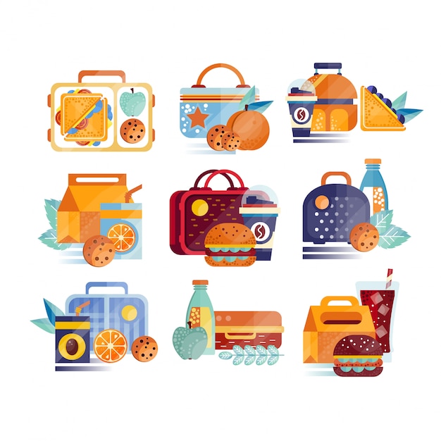 Set di icone con scatole per il pranzo e borse con cibo e bevande. hamburger, panini, biscotti, succo di frutta, caffè, frutta. concetto di pranzo o colazione.