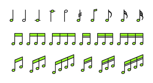 Vector set of icons with musical notes in green color