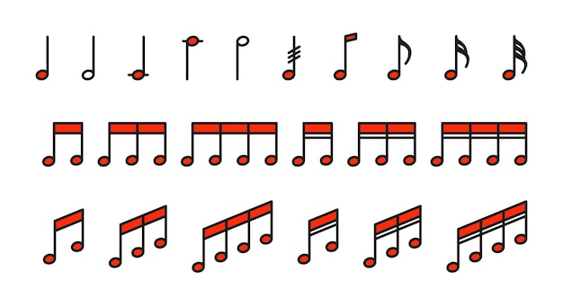 Set of icons with musical notes in red color