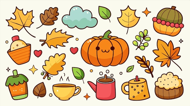 Vector a set of icons with a pumpkin and autumn leaves