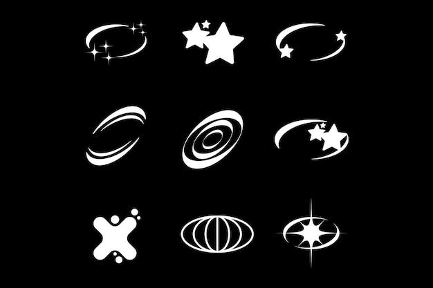 A set of icons with stars and planets.