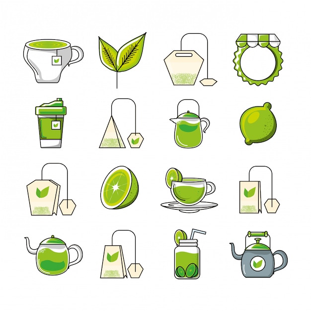 Vector set icons with tea and tool kitchen