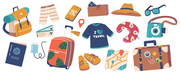 旅行者アイテムのアイコンのセットバックパックスイミングショーツQrコード付きスマートフォンパスポートスーツケースとモバイル充電器マップサンダルTシャツ写真カメラと枕漫画ベクトルイラスト
