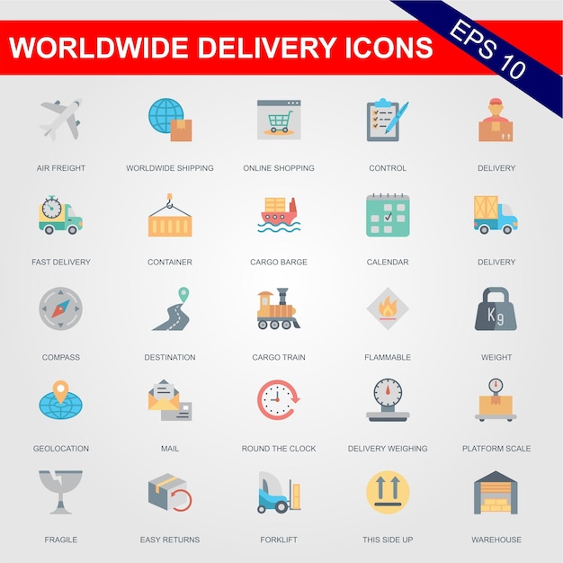 A set of icons for worldwide delivery in a flat style.