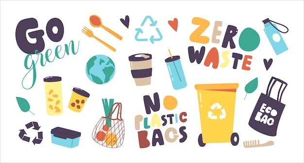 Set of icons zero waste, no plastic theme