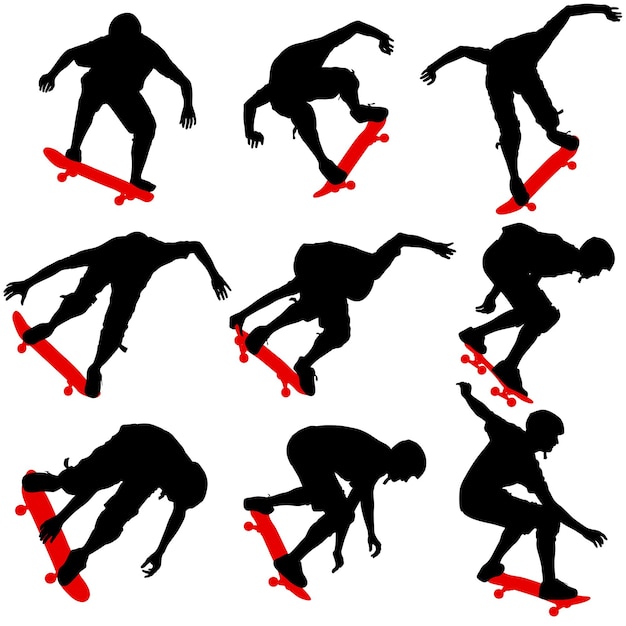 Set ilhouettes a skateboarder performs jumping Vector illustration