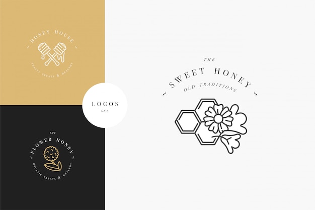 set illustartion logos and design templates or badges. Organic and eco honey labels and tags with bees. Linear style and golden color.