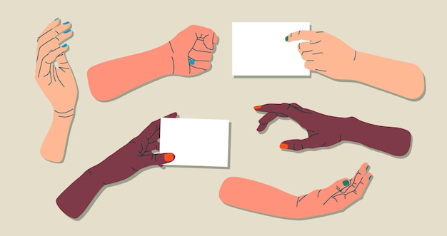 Vector set of illustrated female hands. variety of gestures. hands holding paper. trendy isolated vector