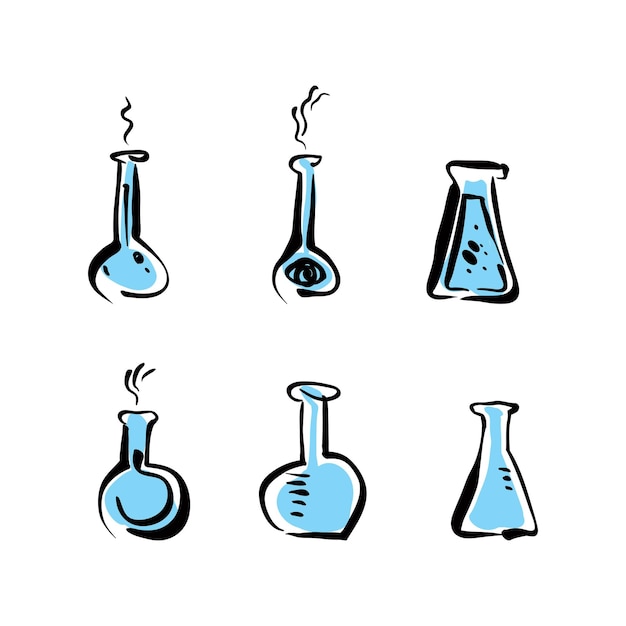 Set of illustrated vector beaker icons, medical pictograms.