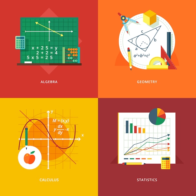 Set illustratie concepten voor algebra, geometrie, calculus, statistieken. Onderwijs- en kennisideeën. Wiskundige wetenschap. Concepten voor webbanner en promotiemateriaal.