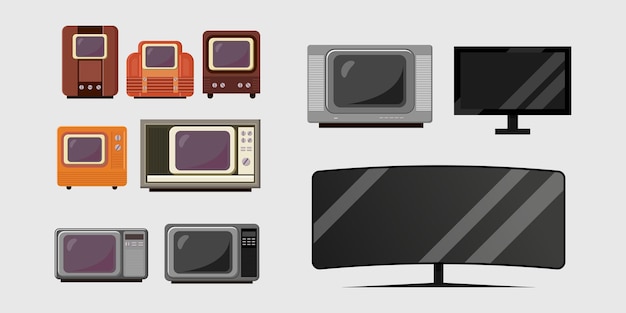 Set illustratie van de evolutie van televisie van jaren tot jaren