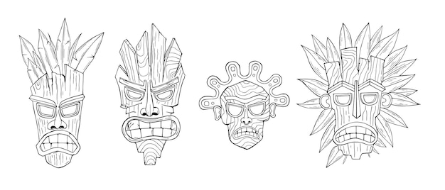 Set illustratie van tiki-masker. Ontwerpelement voor logo, label, teken, poster. Vector illustratie