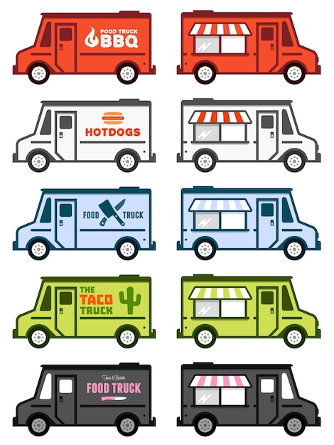 Set illustraties en afbeeldingen van foodtrucks