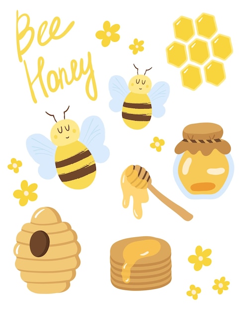 Set illustraties met bijen honing honingraten bijenkorven Leuke honingbij set