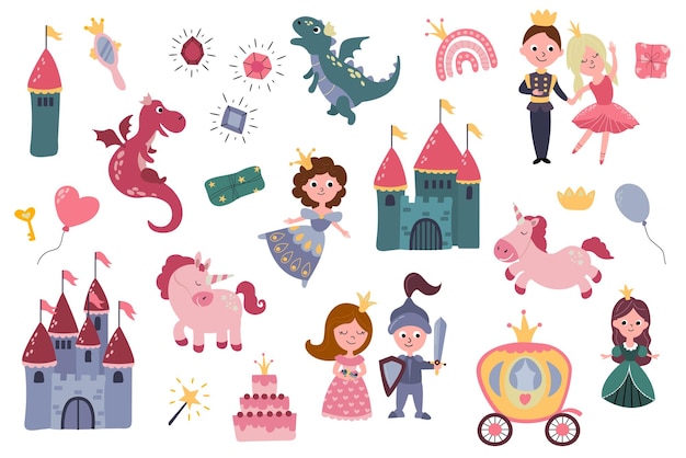 Set illustraties met prinsessen, prins, ridder, kastelen, eenhoorns, regenbogen, draken, koets