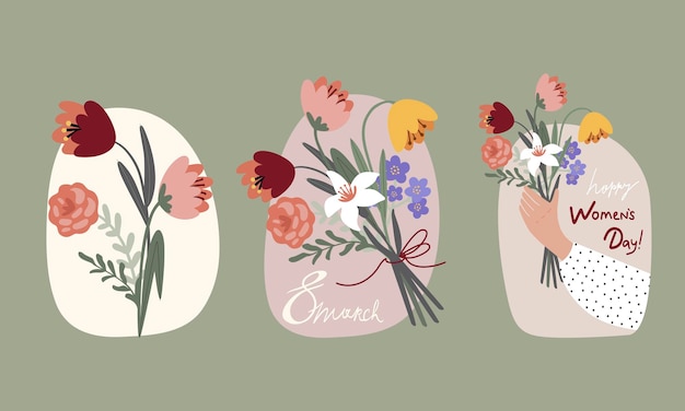 set illustraties van lenteboeketten met bloemen voor internationale vrouwendag