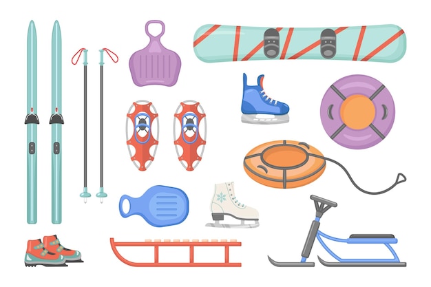 Set illustraties van wintersportartikelen