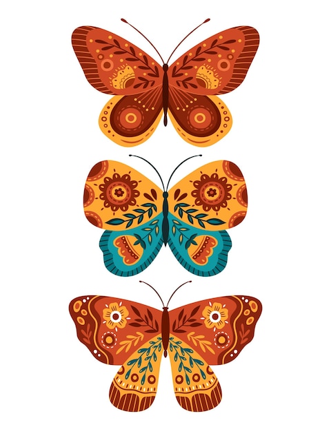 Set illustration butterflies folk art
