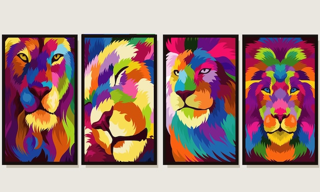 Vector set illustration colorful lion head with pop art style