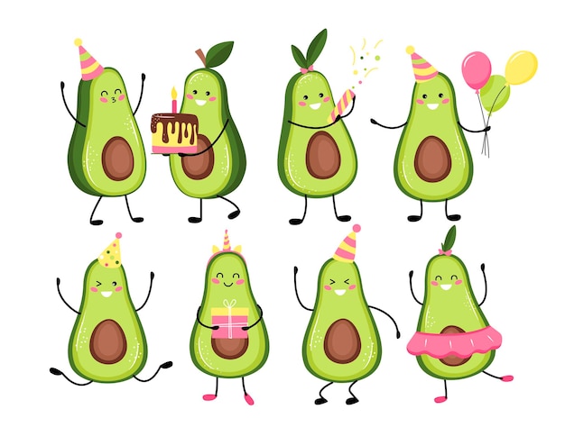 Set illustration of cute avocado fruit or character celebrating a holiday, birthday. Cute kawaii avocado fruit. Flat cartoon style.