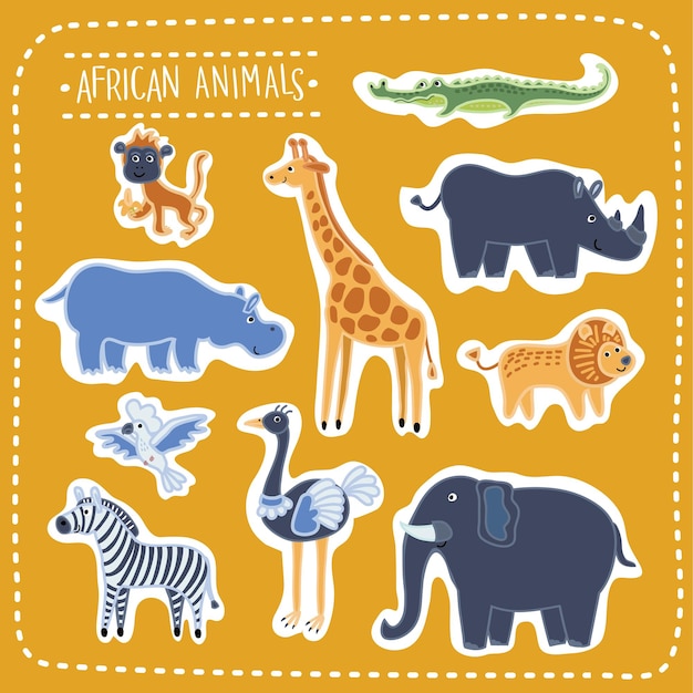 Set of illustration of cute funny african animals, beasts of savanna