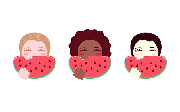 set of illustration, girl with closed eyes, black, white, person holding a slice of watermelon