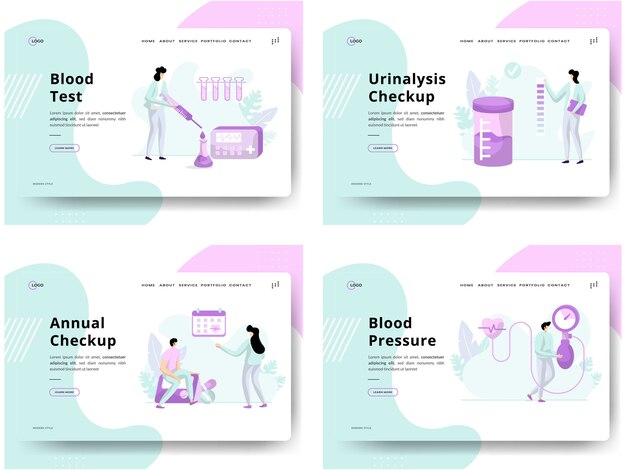 イラスト健康診断、概念血液検査、尿検査、年次検査、血圧のセットは、ウェブサイトの開発に使用できます
