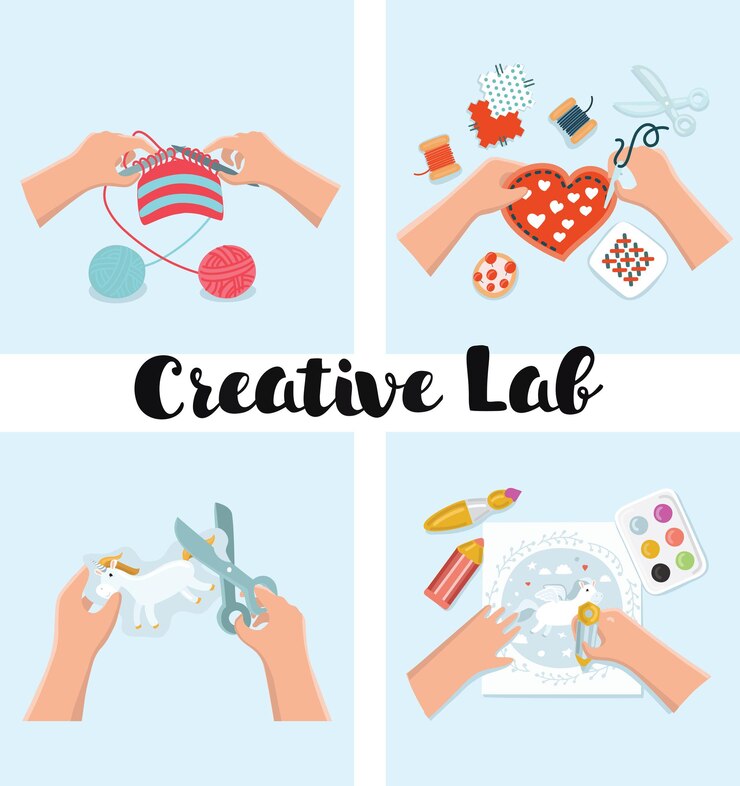 Vector set of illustration of kids art working process. kids creativity  illustration.