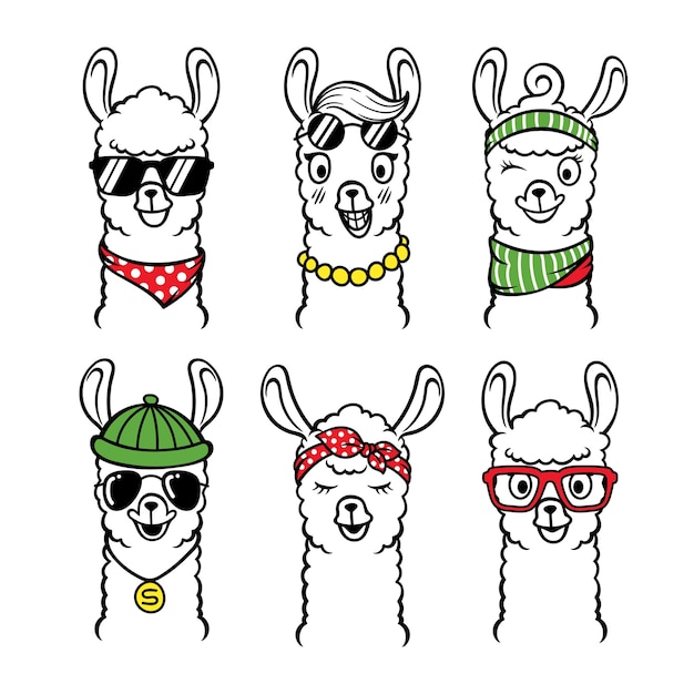 Set of  illustration llama animal with sunglasses