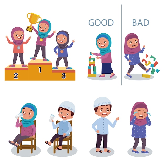 Set of illustration of moslem kids activity like drinking a water winning a competition