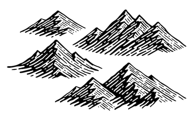 Установите иллюстрацию горы в винтажном стиле каракули