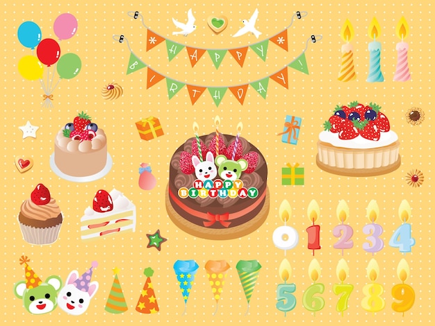 ベクトル 誕生日の旗のケーキとキャンドルのイラストを設定します。