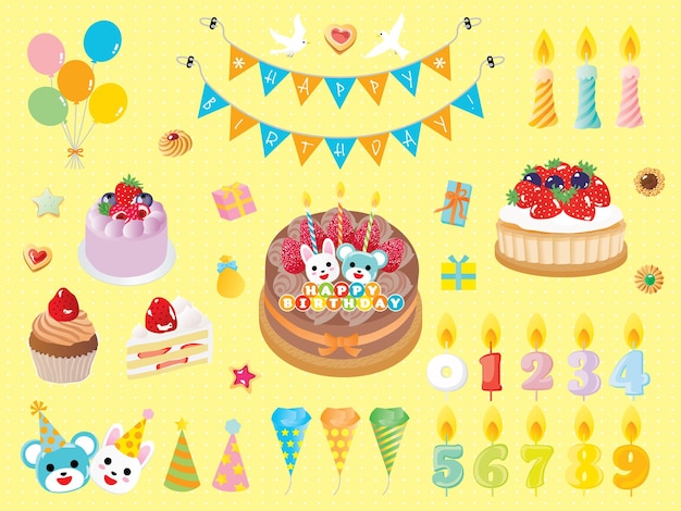 ベクトル 誕生日の旗のケーキとキャンドルのイラストを設定します。