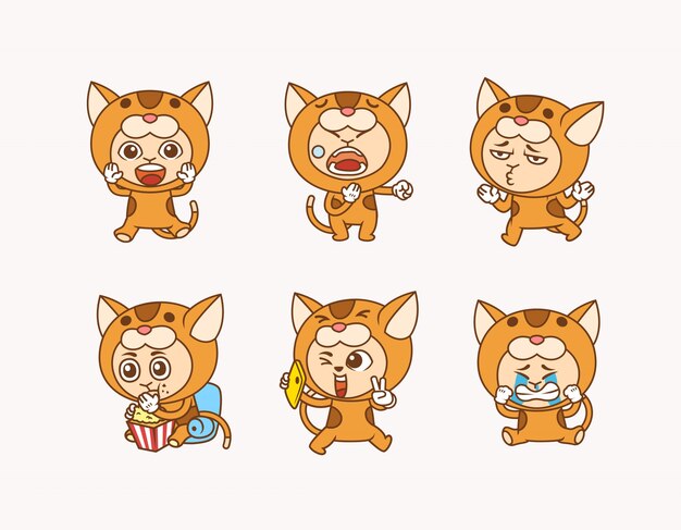 Vector set illustration of people wearing cute cat costume with different pose and facial expression